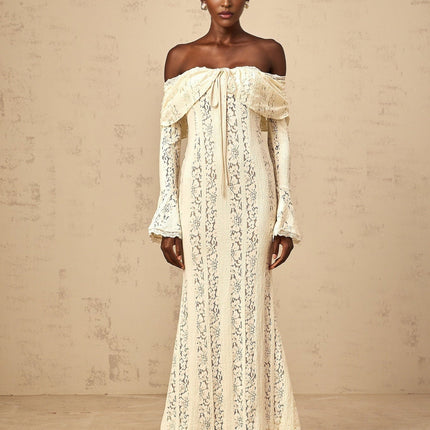 Tonia Neutrals Lace Train Maxi Dress with Off-Shoulder Silhouette and Cut-Out Detailing