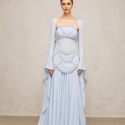Trinity Blue Chiffon Maxi Dress with Faux-Pearl and Rhinestone Embellishments
