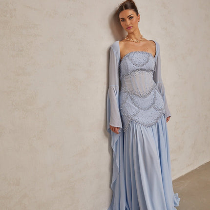 Trinity Blue Chiffon Maxi Dress with Faux-Pearl and Rhinestone Embellishments