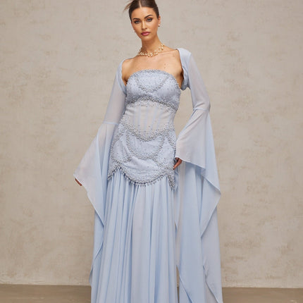 Trinity Blue Chiffon Maxi Dress with Faux-Pearl and Rhinestone Embellishments