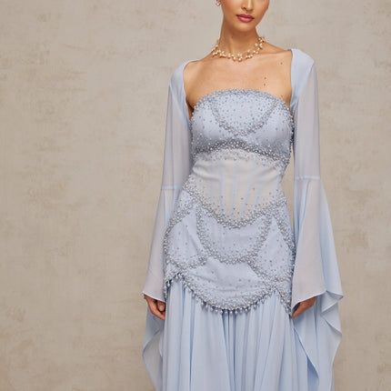 Trinity Blue Faux-Pearl Rhinestone Maxi Dress Chiffon Bell Sleeves Sweetheart Neckline