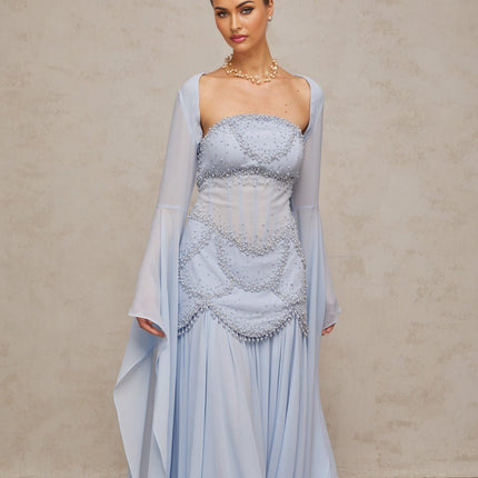 Trinity Blue Faux Pearl Rhinestone Maxi Dress Chiffon Bell Sleeves Sweetheart Neckline