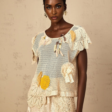 Trinity Neutrals Crochet Knit Floral Lace Top