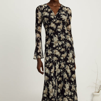 Tullia Black Floral Print V-neck Midi Dress