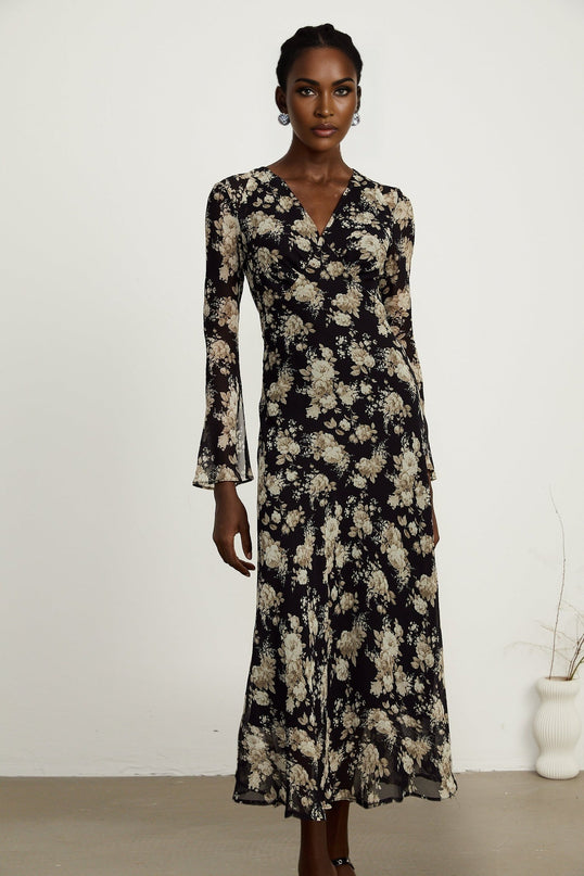 Tullia Black Floral Print V-neck Midi Dress