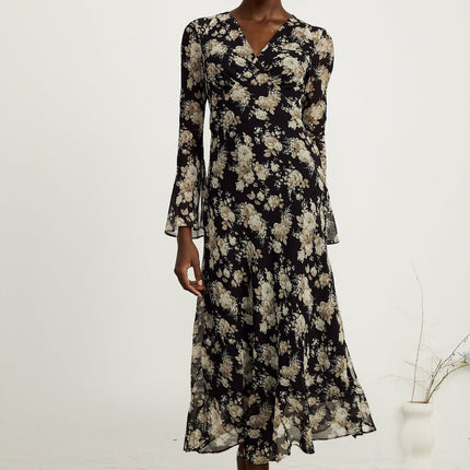 Tullia Black Floral Print V-neck Midi Dress