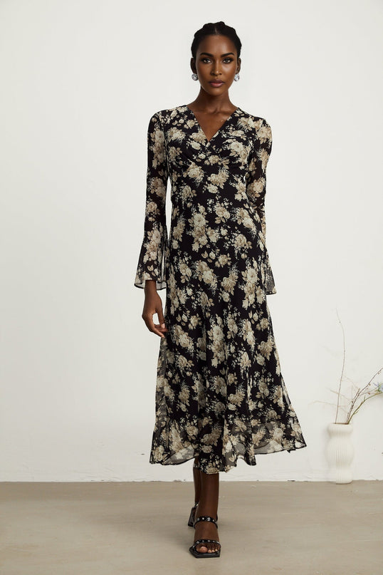 Tullia Black Floral Print V-neck Midi Dress