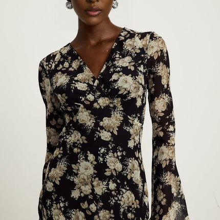 Tullia Black Floral Print V-neck Midi Dress