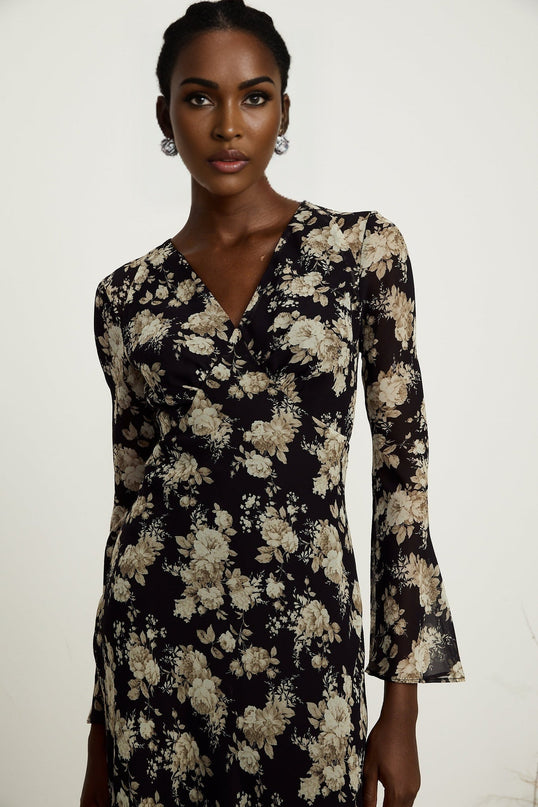 Tullia Black Floral Print V-neck Midi Dress