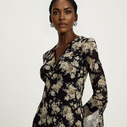 Tullia Black Floral Print V-neck Midi Dress