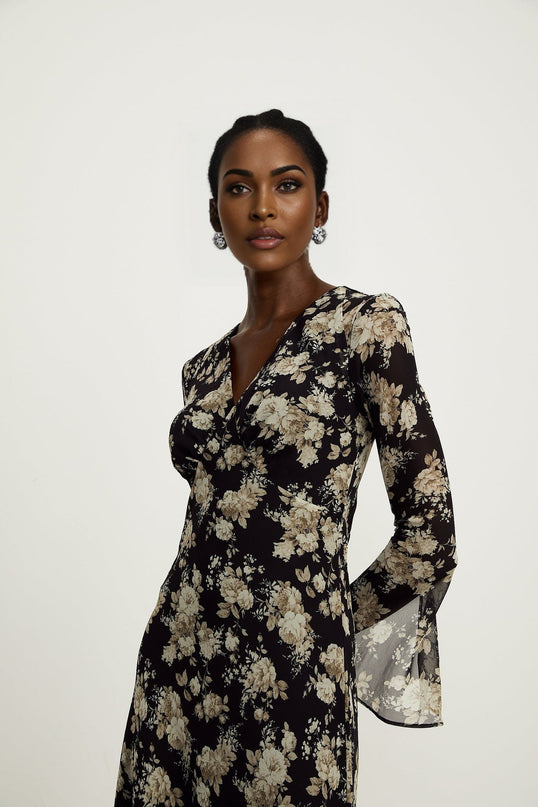 Tullia Black Floral Print V-neck Midi Dress