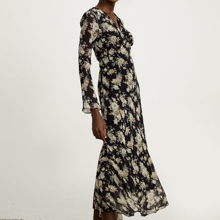 Tullia Black Floral Print V-neck Midi Dress