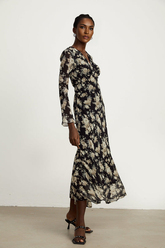 Tullia Black Floral Print V-neck Midi Dress