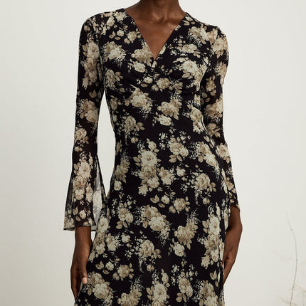 Tullia Black Floral Print V-neck Midi Dress