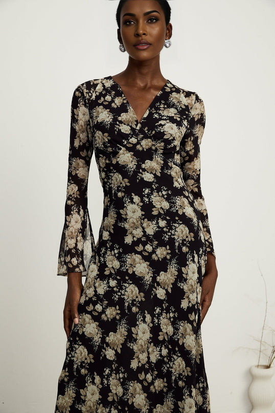 Tullia Black Floral Print V-neck Midi Dress