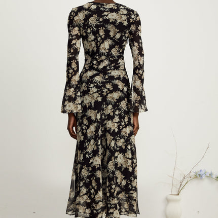 Tullia Black Floral Print V-neck Midi Dress