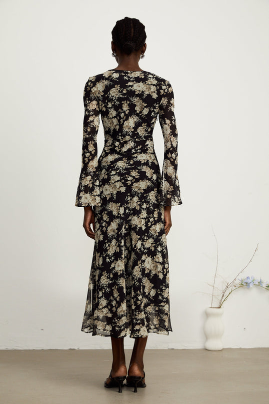 Tullia Black Floral Print V-neck Midi Dress