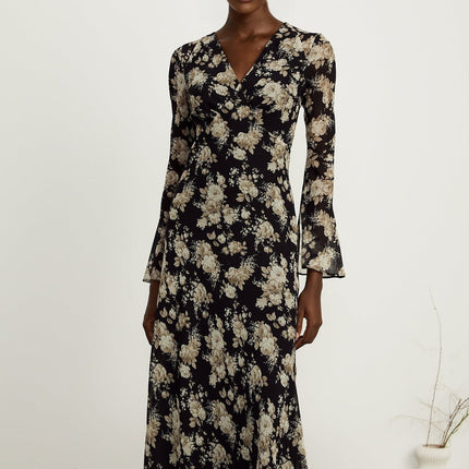 Tullia Black Floral Print V-neck Midi Dress
