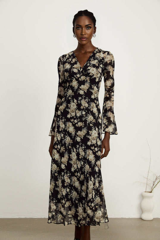 Tullia Black Floral Print V-neck Midi Dress