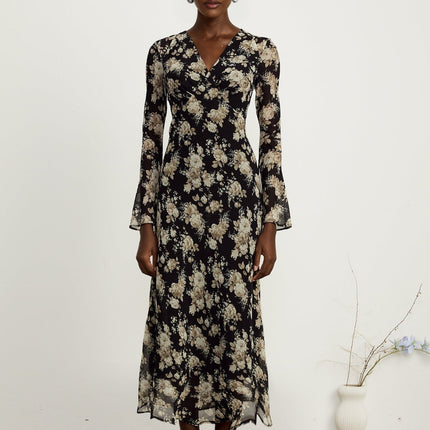 Tullia Floral Print V-neck Midi Dress Black