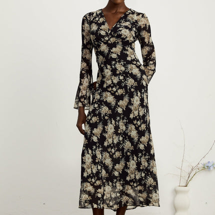 Tullia Floral Print V-neck Midi Dress Black