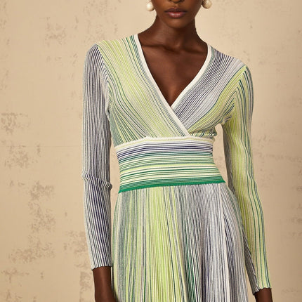 Tullia Green Maxi Dress V-neck long sleeves fitted waistline stripe sequin metallic threading pleated detailing chic elegant modern style