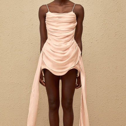 Tullia Pink Mini Dress Square Neck Sleeveless Spaghetti Straps Boned Bodice Ruched Detailing Ribbon Design Rear Zip Fastening Mini Length Luxurious Terylene Fiber