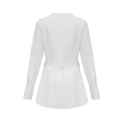 Tullia White Pleated Self-Tie Shirt Long Sleeve Cotton Polyester U-Neck Modern Elegant