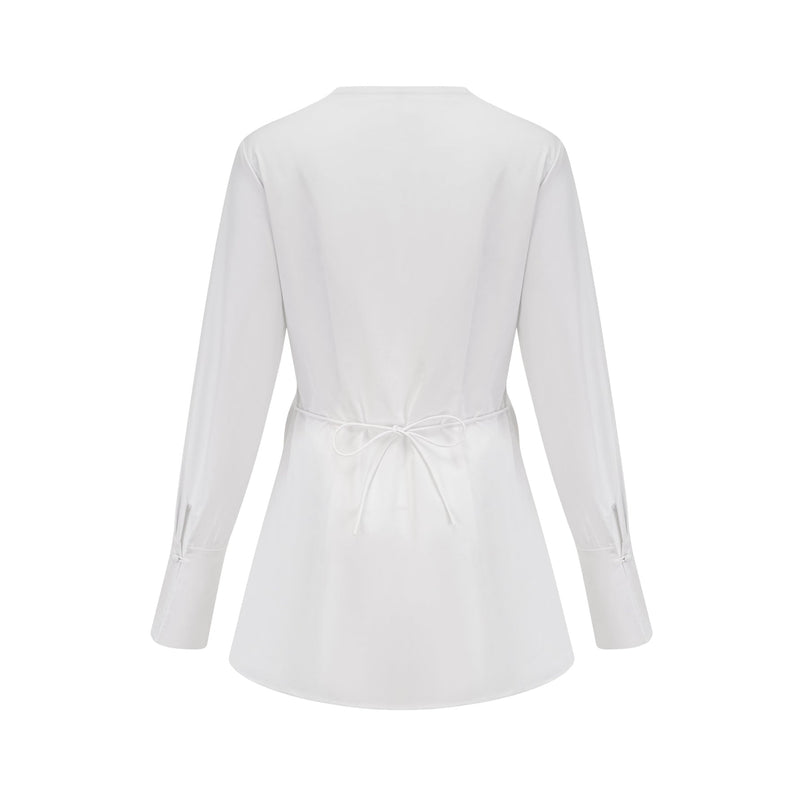Tullia White Pleated Self-Tie Shirt Long Sleeve Cotton Polyester U-Neck Modern Elegant