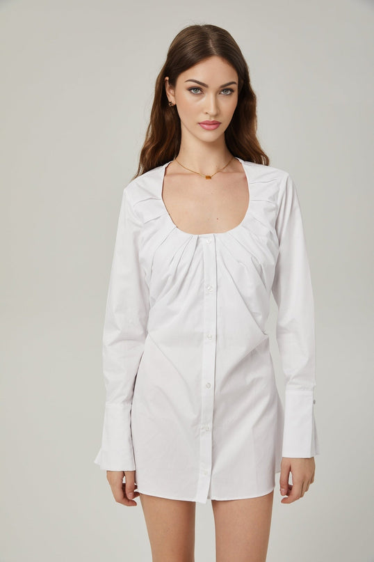 Tullia White Cotton Polyester Pleated Shirt with Self-Tie Design