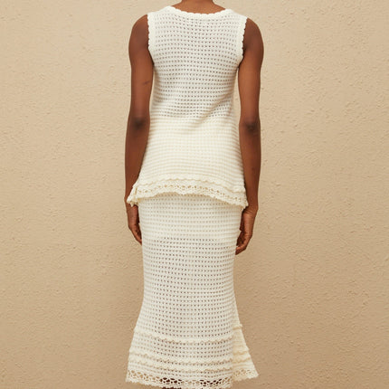 Tullia White Crochet Peplum Hem Top and High Rise Skirt Set
