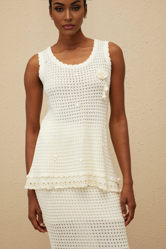 Tullia White Crochet Peplum Top and High-Rise Skirt Set