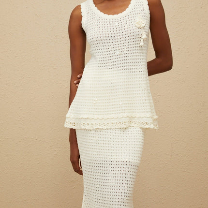 Tullia White Crochet Peplum Top and High-Rise Skirt Set