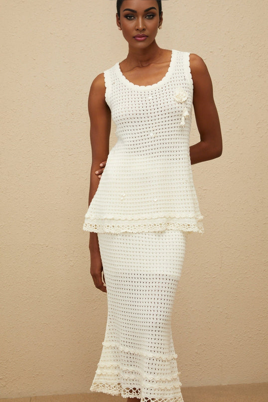 Tullia White Crochet Peplum Top and High-Rise Skirt Set