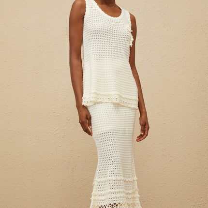 Tullia White Crochet Peplum Top and High-Rise Skirt Set