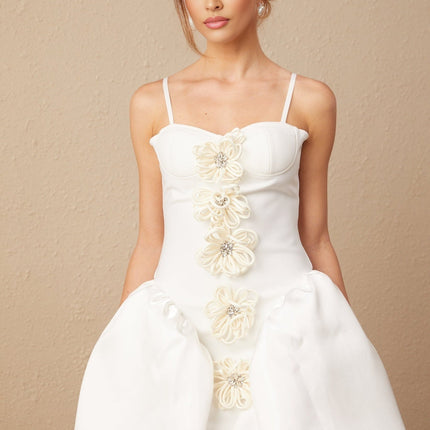 Tullia White Crystal Flower Bustier Puff Mini Dress