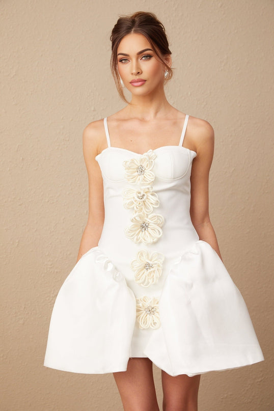 Tullia White Crystal Flower Bustier Puff Mini Dress