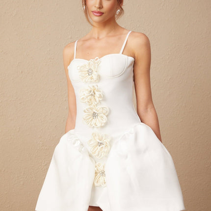 Tullia White Crystal Flower Bustier Puff Mini Dress