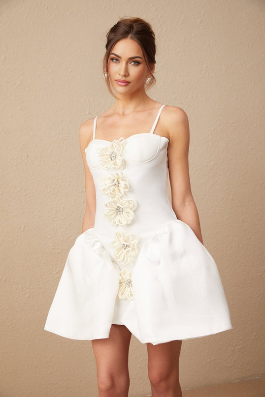 Tullia White Crystal Flower Bustier Puff Mini Dress