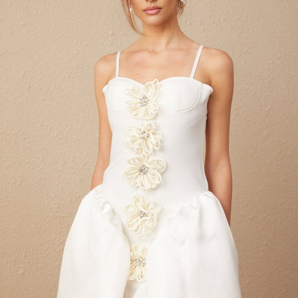 Tullia White Crystal Flower Bustier Puff Mini Dress