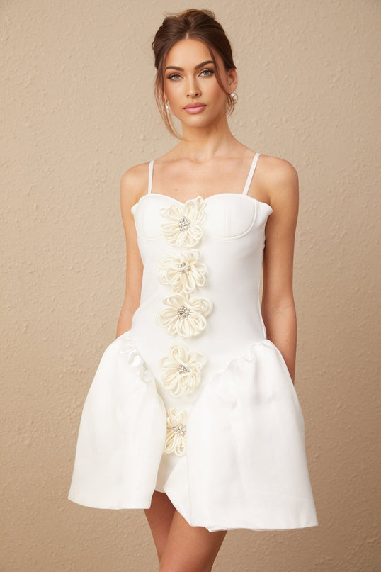 Tullia White Crystal Flower Bustier Puff Mini Dress