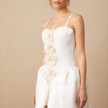 Tullia White Crystal Flower Bustier Puff Mini Dress
