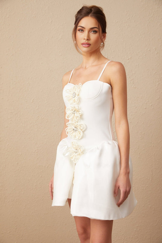 Tullia White Crystal Flower Bustier Puff Mini Dress