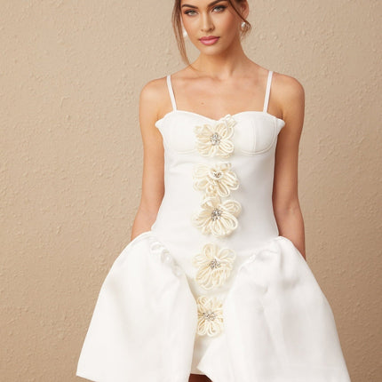 Tullia White Crystal Flower Bustier Puff Mini Dress