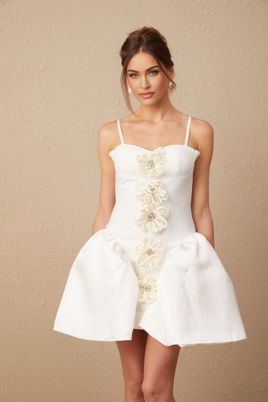 Tullia White Crystal Flower Bustier Puff Mini Dress