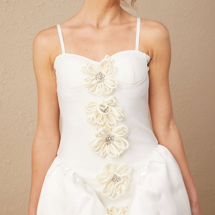Tullia White Crystal Flower Bustier Puff Mini Dress