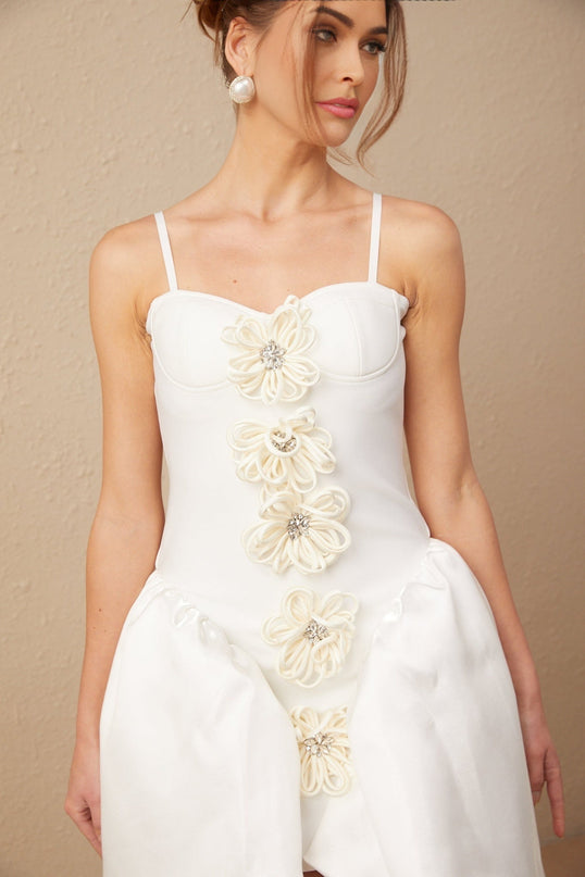 Tullia White Crystal Flower Bustier Puff Mini Dress
