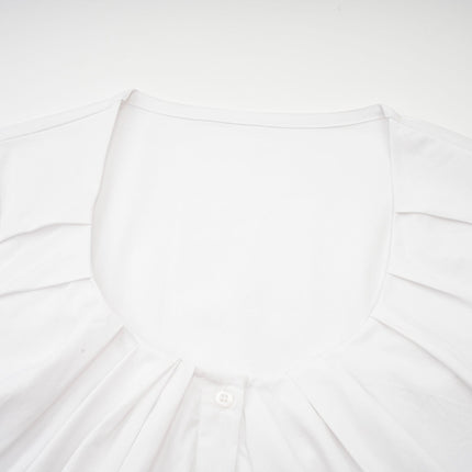 Tullia White Pleated Self-Tie Shirt with U-Neck and Button Fastening