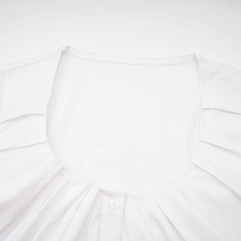 Tullia White Pleated Self-Tie Shirt with U-Neck and Button Fastening