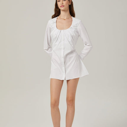 Tullia White Pleated Self-Tie Shirt with Buttoned Cuffs and U-Neck